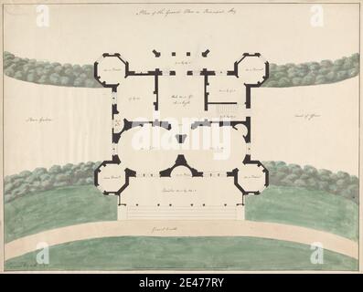 James Wyatt, 1746–1813, Britannique, cinq dessins pour une maison de style gothique : plan du rez-de-chaussée ou histoire principale, 1791. Aquarelle sur stylo et encre noire sur papier vélin crème modérément épais, légèrement texturé. Sujet architectural , cloître , maison de campagne , jardin fleuri , gravier , haies , pelouse , plans (dessins) , escaliers Banque D'Images