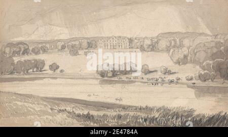 John Sell Cotman, 1782–1842, British, Raynham Hall, Norfolk, CA. 1818. Graphite, lavage gris et lavage brun sur papier vélin moyen, légèrement texturé, beige. Maison de campagne , paysage , bétail , rivière , arbres. Angleterre , Europe , Norfolk , Raynham , Royaume-Uni Banque D'Images