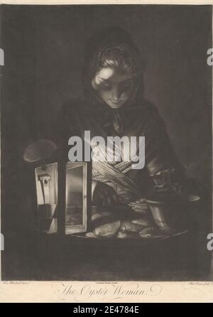 Imprimé par Philip Dawe, ca.1745–ca.1809, British, The Oyster Woman, 1769. Mezzotint sur modérément épais, légèrement texturé, papier de wove crème. Bol (vaisseau) , seau (vaisseau) , chiaroscuro , sombre , genre sujet , fille , foulard , travail , lanterne (dispositif d'éclairage) , lumière , modestie , couteaux à huîtres , coquilles d'huîtres , huîtres , ombre , châle , châle , baiser , rayures , femme , travail Banque D'Images