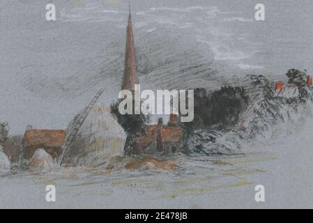 Disciple de Peter DeWint, 1784–1849, British, Landscape Study: Une botte de foin près d'une église, sans date. Aquarelle et graphite avec craie noire et craie blanche sur papier vélin moyen, légèrement texturé, bleu. église , nuages , foin , échelle , paysage , clocher , étude (travail visuel) , arbres Banque D'Images