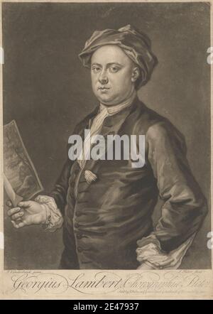 John Faber le plus jeune, ca. 1695–1756, Netherlandish, active en Grande-Bretagne, Georgius Lambert, 1727. Mezzotint sur papier peint moyen, légèrement texturé, beige. Artiste , chapeau , manteau , cravat , homme , portrait , impression , pampille , turban. Lambert, George (1699/1700-1765), peintre de paysages et de scènes Banque D'Images