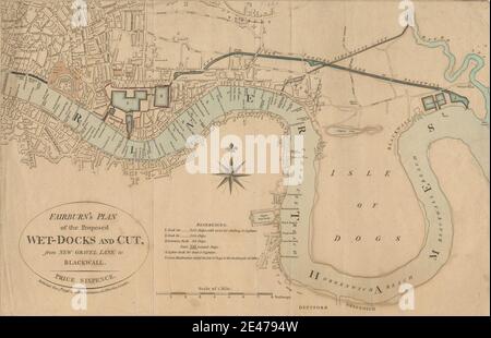 Imprimé par John Fairburn, actif du XIXe siècle, britannique, Plan des Wet-Docks et Cut proposés par Fairburn, de New Gravel Lane à Blackwall, 1796. Gravure et gravure en ligne, couleur main sur papier vélin brun modérément épais, légèrement texturé. Sujet architectural , canaux , ville , paysage urbain , plan d'amarrage , docks , carte , plans , rivière , échelle , navires. Angleterre , Europe , Grand Londres , Londres , Thames , Royaume-Uni Banque D'Images