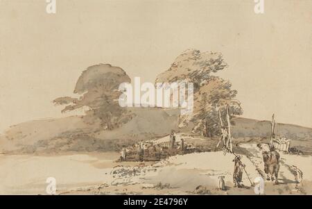 Heneage Finch, quatrième comte d'Aylesford, 1751–1812, British, Landscape with a Bridge, 1790 à 1795. Stylo, encre brune, lavage brun, et lavage gris sur papier à la crème, moyennement texturé. Pont (travail bâti) , paysage , rivière , arbres Banque D'Images