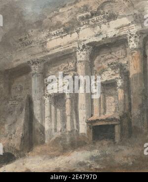 Heneage Finch quatrième comte d'Aylesford, 1751–1812, British, façade de ruiné (?) Temple romain, avec colonnes et porte, après 1771. Aquarelle et graphite, verso: Lavage bleu sur papier blanc moyen, légèrement texturé, beige. Sujet architectural , colonnes , Grand Tour , Roman (style ou période) , ruines , temple. Rome Banque D'Images