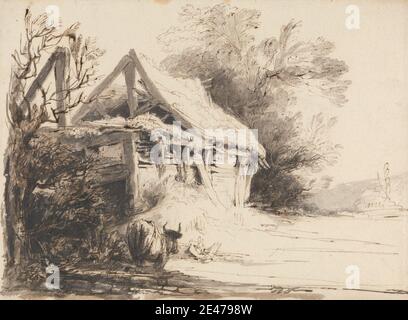 Heneage Finch quatrième comte d'Aylesford, 1751–1812, British, an Old Barn, Trees and Cow, non daté. Plume, encre brune, lavage brun, lavage gris, et graphite sur papier moyen, légèrement texturé, crème. Art animal , sujet architectural , grange , vache , cornes , cochon , ruines , toit de chaume , arbres Banque D'Images
