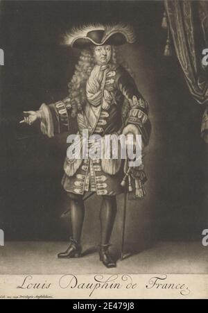 Imprimé par Jacob Gole, 1660–1737, Hollandais, Louis, Dauphin de France, non daté. Mezzotint sur modérément épais, modérément texturé, papier crème. Badge , manteau , costume , cravat , drapery , frange , geste , homme , médaille , portrait , royalties , glands , perruque . Louis de France (du 1er novembre 1661 au 14 avril 1711) Banque D'Images