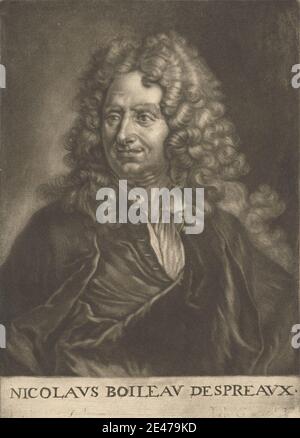 Imprimé par Jan de Groot, 1650–1726, Néerlandais, Nicolas Boileau-Després, non daté. Mezzotint sur papier crème, moyennement texturé. Col , homme , portrait , perruque. Boileau-Despréaux, Nicolas (1636-1711), poète et critique français. Banque D'Images