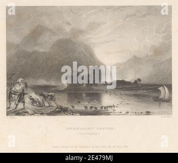 Henry Griffiths, 1835–1849, British, Inverlochy Castle, Invernesshire, 1836. Gravure et gravure de ligne sur papier de vélin crème modérément épais, légèrement texturé. Sujet architectural , forces armées , bataille , château , échapper , collines , cheval (animal) , paysage , montagnes , pointage , ruines , course , voilier , troupes. Fort William , Highland , Inverlochy Castle , Lochy, River (ruisseau) , Écosse , Royaume-Uni Banque D'Images