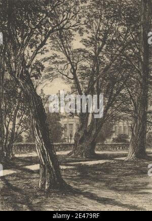 Francis Seymour Haden, 1818–1910, British, Kensington Gardens, no 1 (petite plaque), 1859. Gravure et point sec, avec un ton de plaque sur papier fin, lisse et crème. Sujet architectural , bâtiment , cheminées , paysage urbain , jardin , herbe , haie , maison , paysage , pelouse , palais , chemin , ombres , arbres , tourelle , fenêtres. Angleterre , Europe , Hyde Park , Kensington , Kensington Gardens , Londres , Royaume-Uni Banque D'Images