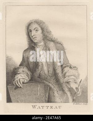 Imprimé par William Hibbart, actif 1760–1800, Watteau, non daté. Gravure sur papier vélin beige modérément épais. Artiste , planches , boutons , dessinateur (artiste) , fourrure , homme , pinceau , peintre , palette , portrait , pose. Watteau, Jean-Antoine (1684-1721), peintre et dessinateur français Banque D'Images