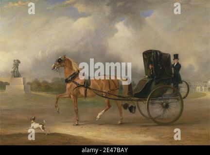 John Ferneley, 1782–1860, britannique, William Massey-Stanley, volant son cabriolet à Hyde Park, 1833. Art animal , animaux , architecture , art , bride , cabriolet , calèche , ville , chien (animal) , genre sujet , cheval (animal) , hommes , monument , sculpture , statue , chapeau , ville , fouet . Cité de Westminster , Angleterre , Europe , Grand Londres , Hyde Park , Londres , Royaume-Uni. Massey-Stanley, William (1807-1863) Banque D'Images