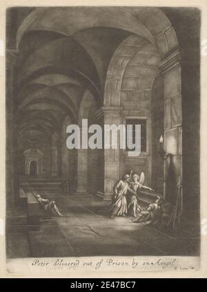 Imprimé par Bernard Lens, 1659–1725, britannique, Peter livré hors de prison par an Angel, non daté. Mezzotint sur papier de couleur moyenne, légèrement texturé, crème. ange , apôtres , arches , bougie , Christianisme , échapper , gardes , Nouveau Testament , prison , sujet religieux et mythologique , saint , dormir , lances , baies de voûte. Pierre Banque D'Images