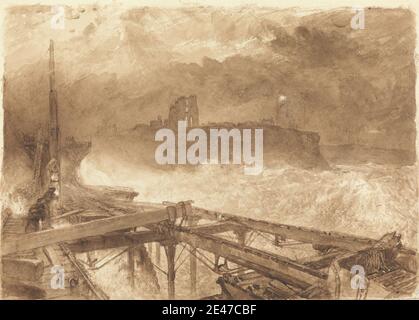 Alfred William Hunt, 1830–1896, British, Study for Tynemouth Pier - Lighting the Lamps at Sundown, ca. 1863. Lavage brun avec raclage sur papier vélin moyen, légèrement texturé, crème. Falaise , océan , jetée. Angleterre , North Tyneside , Tynemouth , Royaume-Uni Banque D'Images