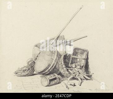 Henry Harris Lines, 1801–1899, British, STILL Life with Wheelbarrow and panières, 27 avril 1840, 1840. Graphite sur papier vélin moyen, lisse, crème. Paniers , mop , encore, brouette Banque D'Images