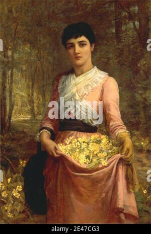 Edwin long, 1829–1891, britannique, les filles de notre Empire. Angleterre : la Primrose, 1887. Huile sur toile. Costume , primrose anglais , femme , fleurs (plantes) , forêt , gants , portrait , pré-Raphaelite , romantique , volants , jupes (vêtements) , arbres , victorien , femme. Churchill [née Jerome], Jeanette [Jennie; Lady Randolph Churchill] (1854–1921), mère de Winston Leonard Spencer Churchill (1874–1965) Banque D'Images