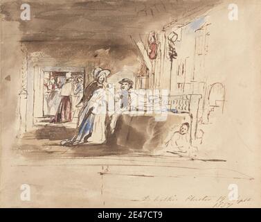 Sir David Wilkie, 1785–1841, British, Shopping in the Rows, Chester, 1837. Aquarelle avec lavage brun et encre brune sur graphite sur papier vélin moyen, légèrement texturé, crème, monté sur épais, légèrement texturé, carte beige. Figures , genre sujet , marché (événement) , hommes , marchands , shopping , boutiques , tables , vendeurs , violon , passerelles , femmes. Cheshire , Chester , Chester Rows , Angleterre , Royaume-Uni Banque D'Images