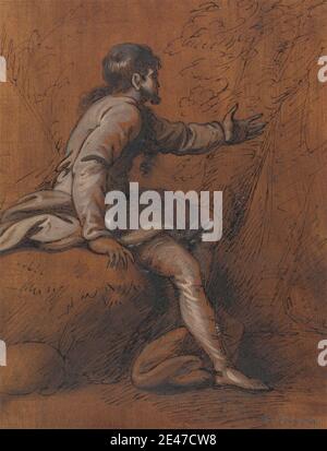 Mather Brown, 1761–1831, américain, actif en Grande-Bretagne, Homme assis sur un rocher, non daté. Peinture à l'encre noire et à la plume, au graphite et à l'huile sur du papier beige moyennement texturé. étude de figure , figures (représentations) , gestuelle , homme , roches (formes terrestres) Banque D'Images