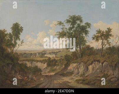Patrick Nasmyth, 1787–1831, British, Penshurst place, Kent, entre 1824 et 1830. Huile sur panneau. Animaux , église , chien (animal) , âne , fille , collines , maison , paysage , hommes , route , fumée , femme. Angleterre , Europe , Kent , Penshurst , Tonbridge , Royaume-Uni Banque D'Images