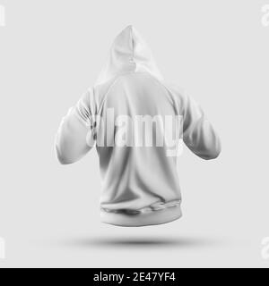 Modèle à capuche blanc élégant rendu 3D en forme de capuche redressée, vêtements pour hommes isolés en arrière-plan, vue arrière. Maquette décontracté vierge Banque D'Images