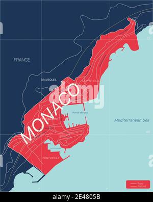 Carte détaillée modifiable du pays de Monaco avec régions villes, routes et chemins de fer, sites géographiques. Fichier vectoriel EPS-10 Illustration de Vecteur