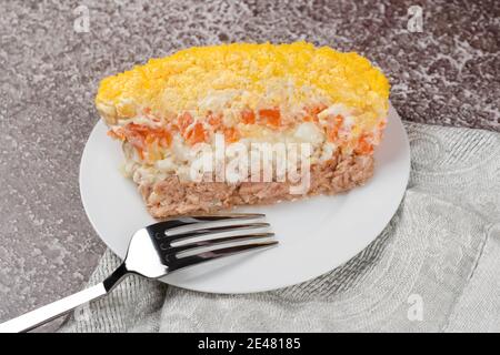 Salade avec pommes de terre, thon, carotte, oignon, œufs et mayonnaise. Salade russe traditionnelle Mimosa avec légumes et poisson. Banque D'Images