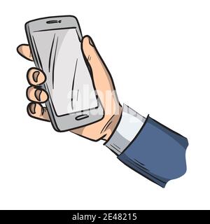 illustration vector dessin à main levée de la main d'homme d'affaires tenant smartphone isolé sur fond marron. Illustration de Vecteur