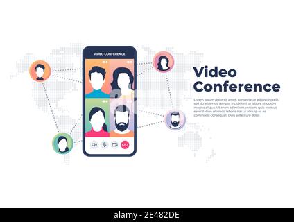 Vidéo conférence mondiale sur le concept mobile. Bannière de vidéoconférence et de réunion en ligne. Illustration de Vecteur