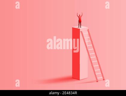 Le personnage a grimpé l'échelle et levant ses mains sur la barre de colonne. Concept de défi et d'auto-amélioration Banque D'Images