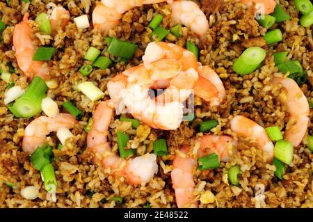 Riz frit aux œufs avec crevettes et fond d'oignons de printemps Banque D'Images