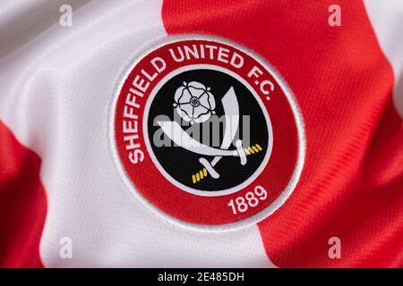 Gros plan sur la tenue de football Sheffield United FC 2020 heures sur 24, 21 jours sur 7. Banque D'Images