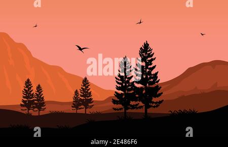 Belle vue sur les arbres et les montagnes au crépuscule dans l'après-midi lumineux. Illustration vectorielle Illustration de Vecteur