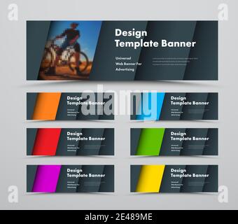 Modèle de bannières web vectorielles horizontales avec éléments diagonaux et espace pour la photo. Ensemble de couleurs différentes avec style de conception de matériau. Illustration de Vecteur