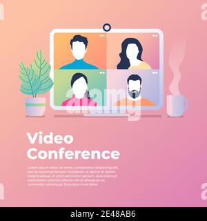 Les collègues parlent les uns aux autres sur l'écran de l'ordinateur. Conférence téléphonique, travail à domicile. Illustration de Vecteur