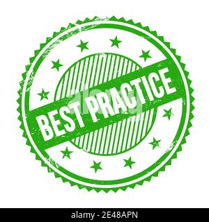 Texte DE LA MEILLEURE PRATIQUE écrit sur le vert grungy zigzag bordures timbre rond. Banque D'Images
