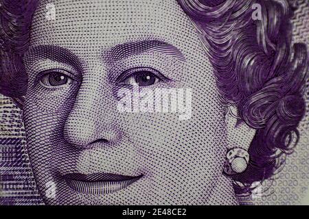 Macro gros plan d'une note vingt livres avec le Face de la Reine Banque D'Images