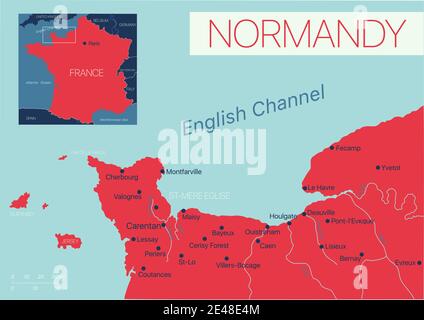 Normandie de France carte détaillée modifiable avec villes et sites géographiques. Fichier vectoriel EPS-10 Illustration de Vecteur