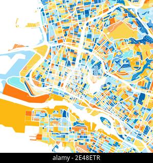 Carte d'art couleur d'Oakland, Californie, Etats-Unis dans le blues et l'orange. Les gradations de couleurs de la carte d'Oakland suivent un motif aléatoire. Illustration de Vecteur