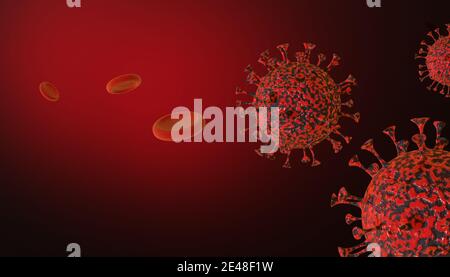 Rendu 3D du coronavirus et des globules rouges. Concept médical de l'éclosion du virus Covid-19 mortel. Banque D'Images