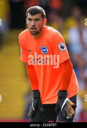 Photo du dossier datée du 26-08-2017 de Brighton et de Hove Albion's Mat Ryan lors du match de la première ligue à Vicarage Road, Watford. Date de publication : vendredi 22 janvier 2021. Banque D'Images