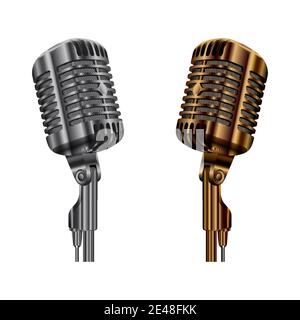 Vecteur microphone vintage. Microphone audio studio radio. Scène de concert ou microphone karaoké, illustration de l'équipement en métal doré et argenté. Son vocal réf Illustration de Vecteur