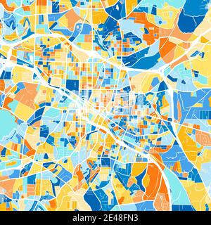 Carte d'art couleur de Durham, Caroline du Nord, États-Unis dans le blues et l'orange. Les gradations de couleurs dans la carte de Durham suivent un motif aléatoire. Illustration de Vecteur