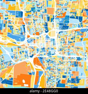 Carte d'art en couleur de Columbus, Ohio, UnitedStates dans les bleus et les oranges. Les gradations de couleurs de la carte de Columbus suivent un motif aléatoire. Illustration de Vecteur