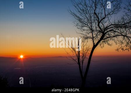 Panorama arbre silhouette en italie avec coucher de soleil.arbre silhoueté contre un soleil couchant. Assise, province de l'ombrie en arrière-plan Banque D'Images