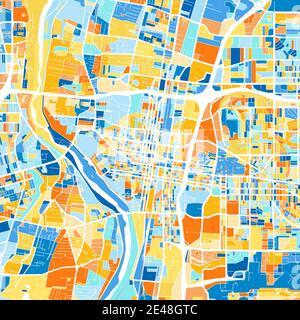 Carte d'art couleur d'Albuquerque, Nouveau-Mexique, Etats-Unis dans le blues et l'orange. Les gradations de couleurs de la carte d'Albuquerque suivent un motif aléatoire. Illustration de Vecteur