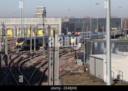 Eurostar s'entraîne au dépôt de maintenance du centre d'ingénierie Eurostar de Temple Mills, Londres. L'exploitant a été durement touché par la crise du coronavirus, avec une baisse de 95 % du nombre de passagers. Date de la photo: Vendredi 22 janvier 2021. Banque D'Images