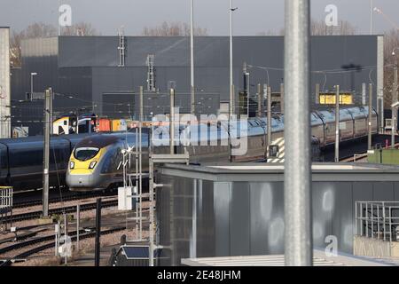 Eurostar s'entraîne au dépôt de maintenance du centre d'ingénierie Eurostar de Temple Mills, Londres. L'exploitant a été durement touché par la crise du coronavirus, avec une baisse de 95 % du nombre de passagers. Date de la photo: Vendredi 22 janvier 2021. Banque D'Images