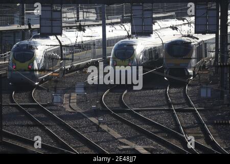 Eurostar s'entraîne au dépôt de maintenance du centre d'ingénierie Eurostar de Temple Mills, Londres. L'exploitant a été durement touché par la crise du coronavirus, avec une baisse de 95 % du nombre de passagers. Date de la photo: Vendredi 22 janvier 2021. Banque D'Images