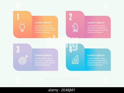Les icônes de conception infographique et de marketing peuvent être utilisées pour la mise en page du flux de travail, le diagramme, le rapport annuel et la conception Web. Concept d'entreprise avec 4 options, étapes ou Illustration de Vecteur
