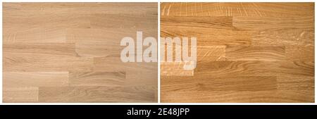 Couleur naturelle chêne bois de chêne plan de travail de cuisine non traité avant sur la gauche et après le graissage traité après sur la droite. Rénovation de la maison. Banque D'Images