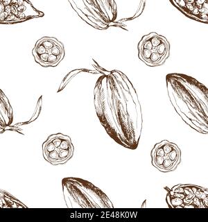 Motif sans couture de grains de cacao dessinés à la main et isolés sur fond blanc. Illustration vectorielle. Illustration de Vecteur